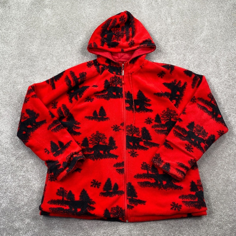 VTG Lavon 90s Christmas Tree Print Fleece Jacket Womens Sze‎ L Red Reversible